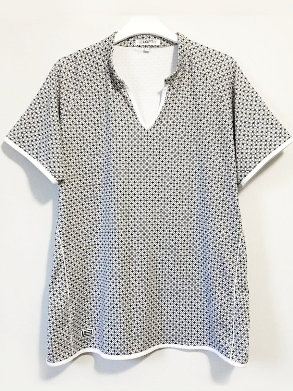 Loft8 Flower of Life Tunic Neck Poly Flex Golf Shirt Black and White